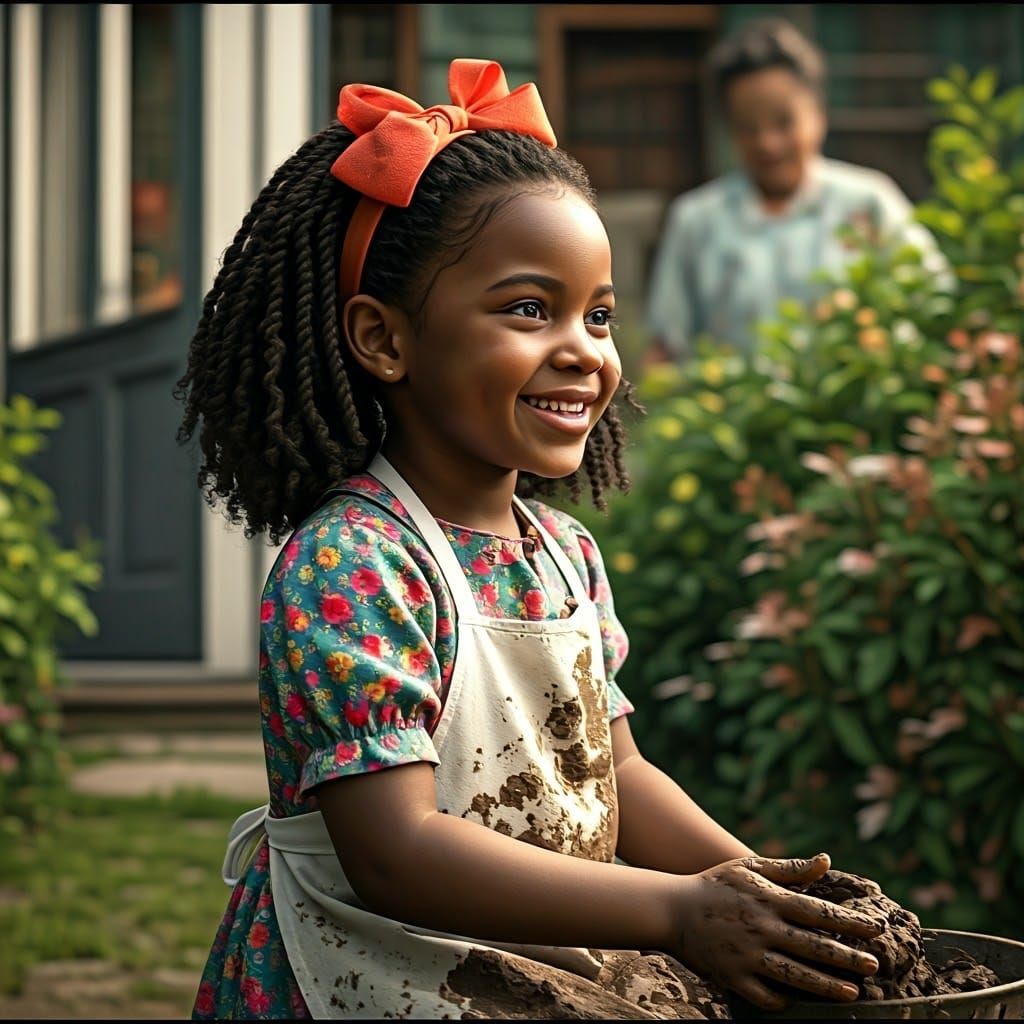 Joyful Girl Making Mud Pies, Hyper-Realistic Portrait