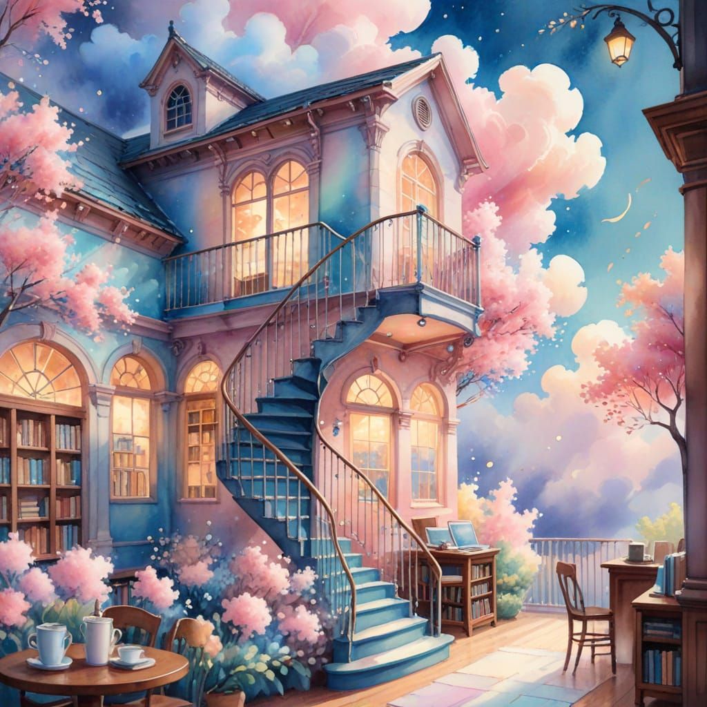 Whimsical Library and Coffeehouse with Winding Staircase in ...
