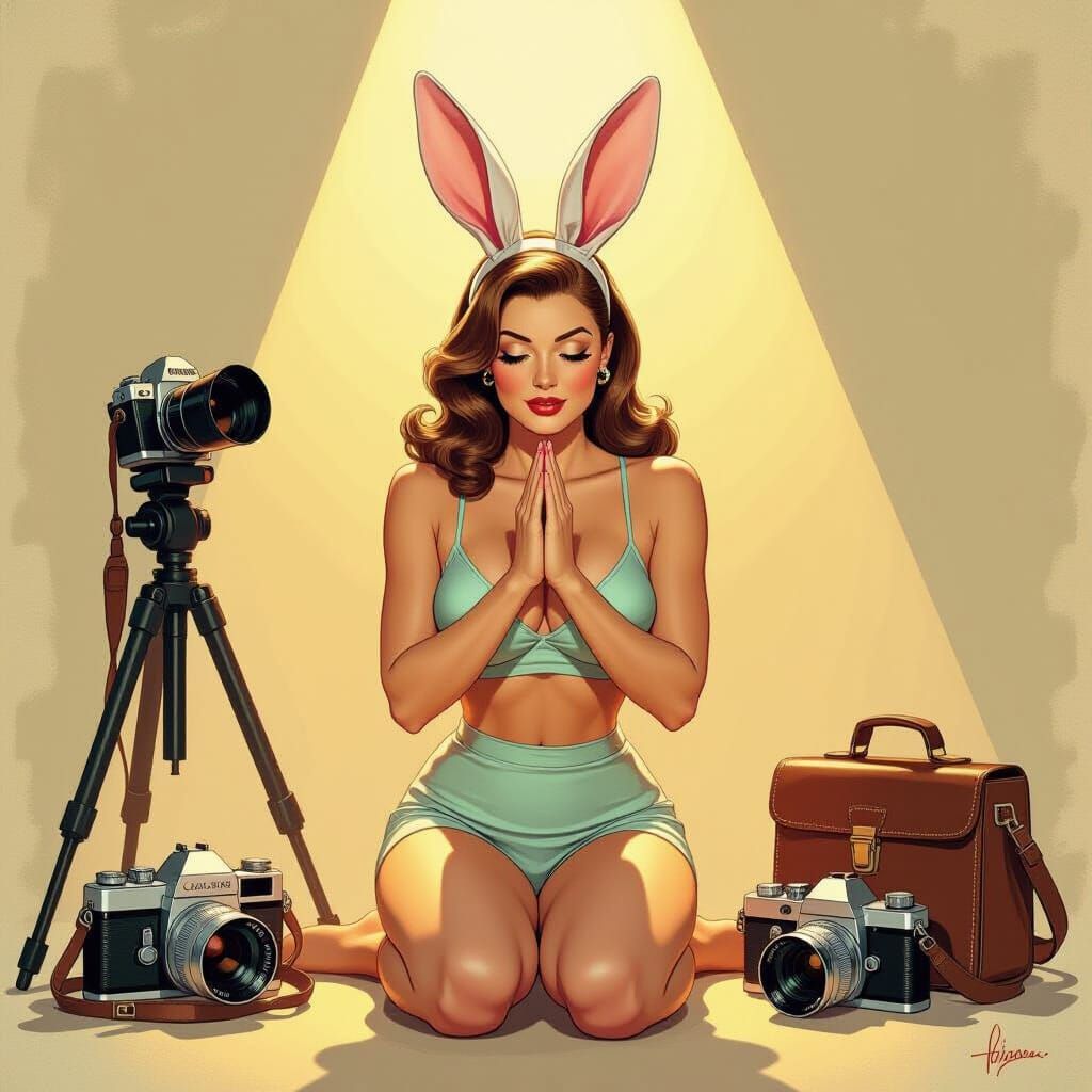 Pin-Up Girl Praying Surrounded by Vintage Cameras