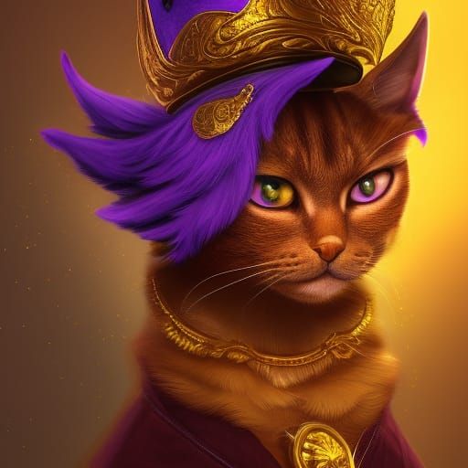 Golden Cat in Purple Hat: Detailed Matte Painting