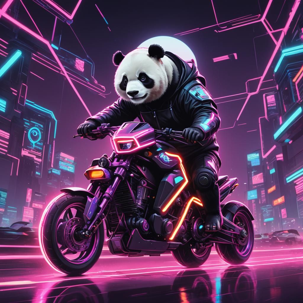 Panda Rides Tron in Synthwave Neon City