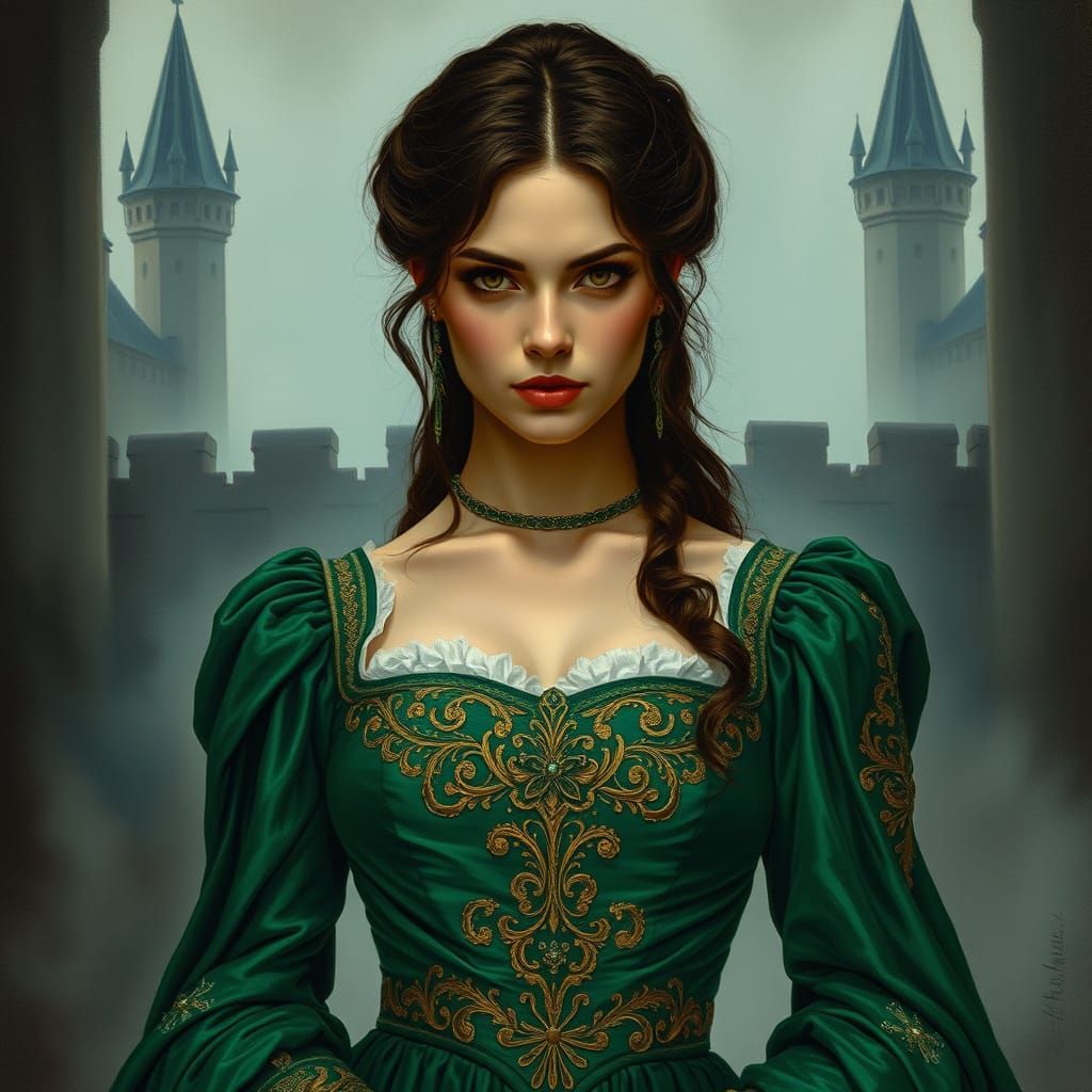 Woman in Emerald Gown in Misty Castle