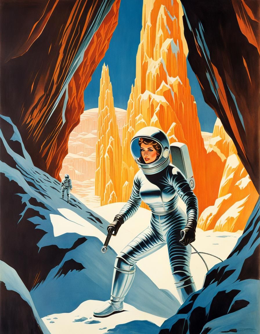 Crystal Caves Explorer: Mid-Century Modern Illustration