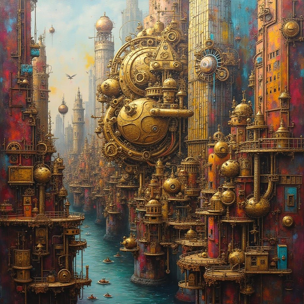 Steampunk Cityscape with Gold, Bronze and Graffiti Art