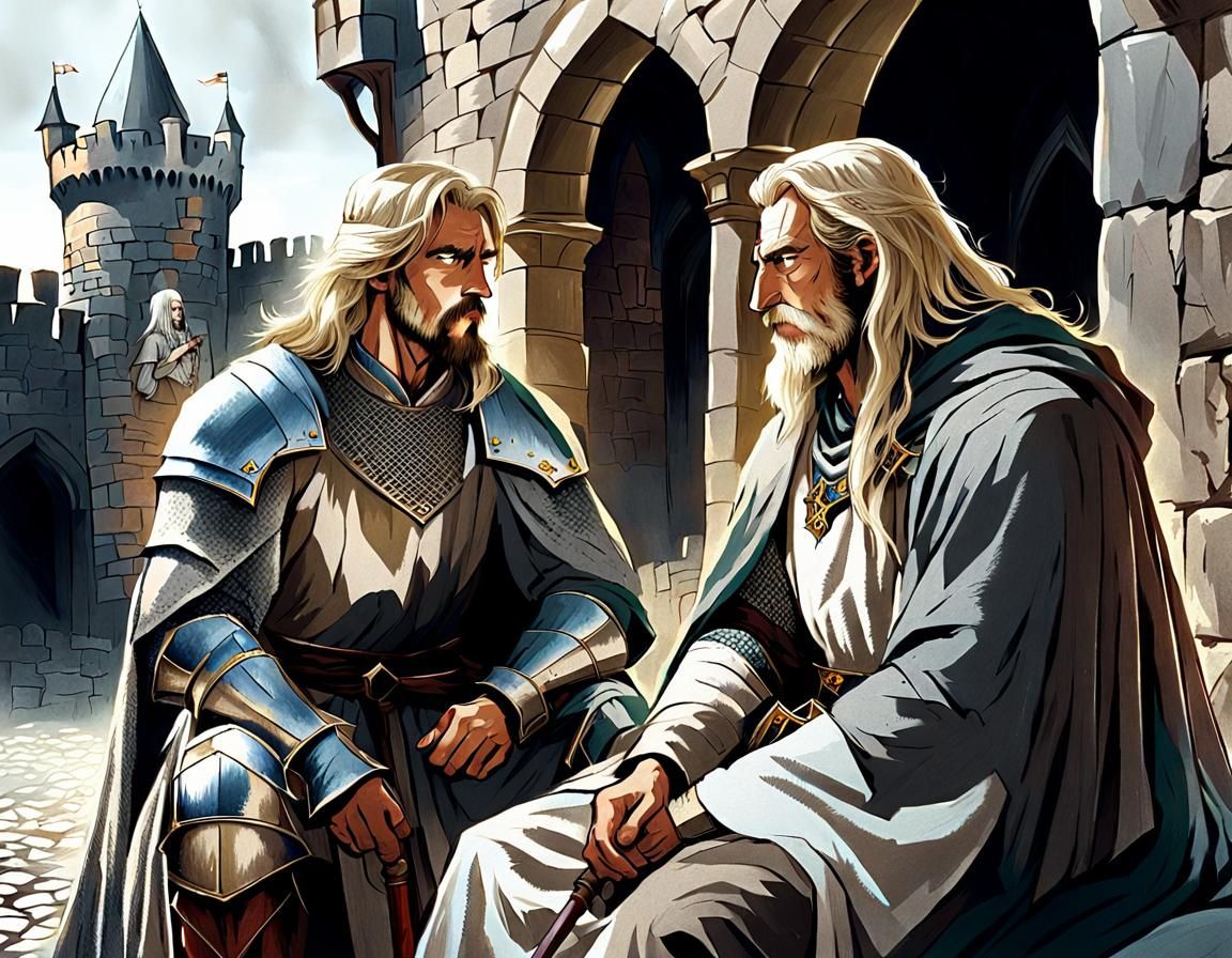 Knight Talking to Beggar Before Castle Wall