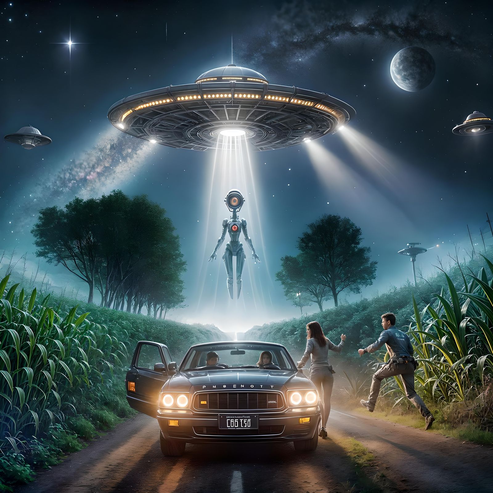 UFO Beaming Aliens Down to Earth: Digital Art