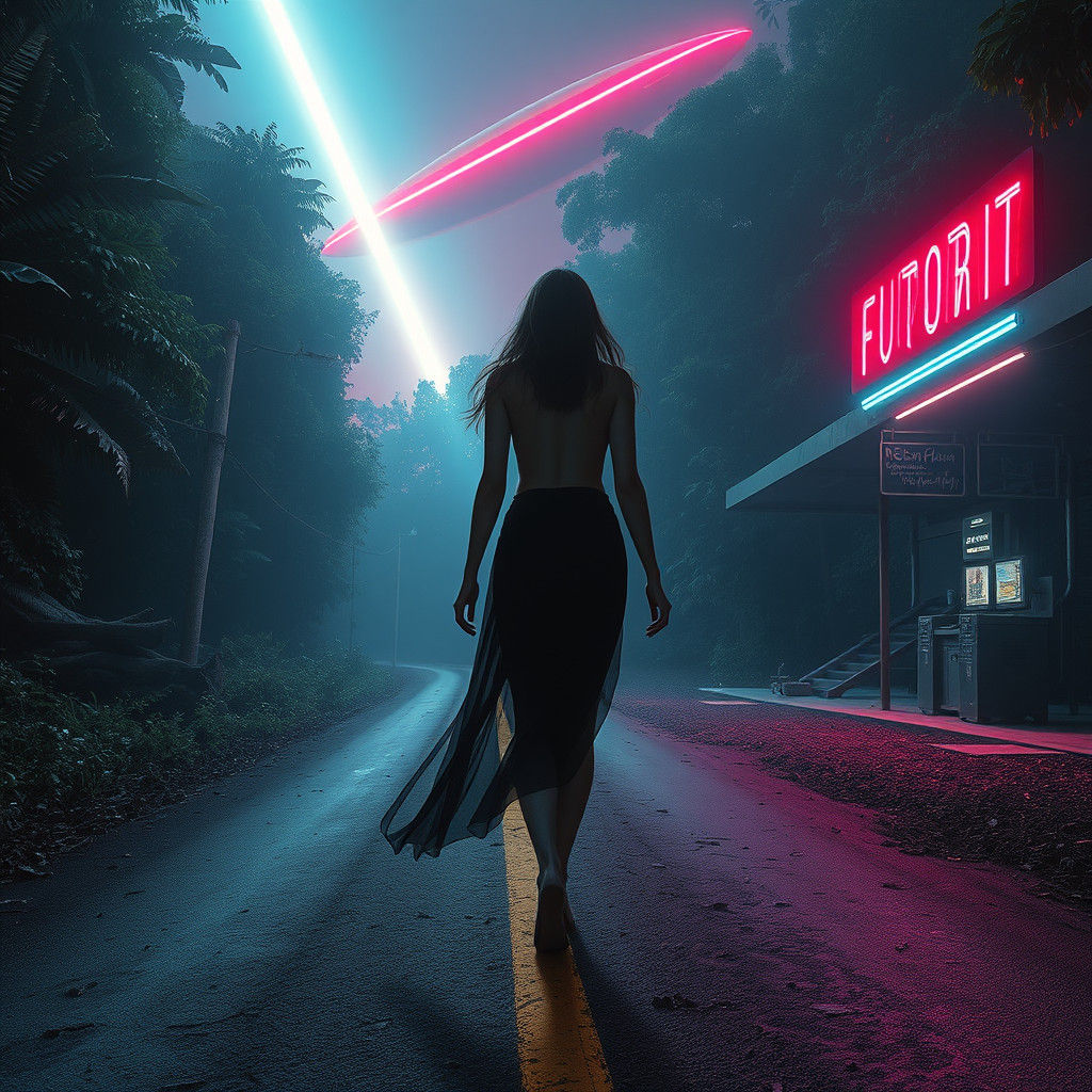 Cyberpunk Forest Road with Alien Spaceship