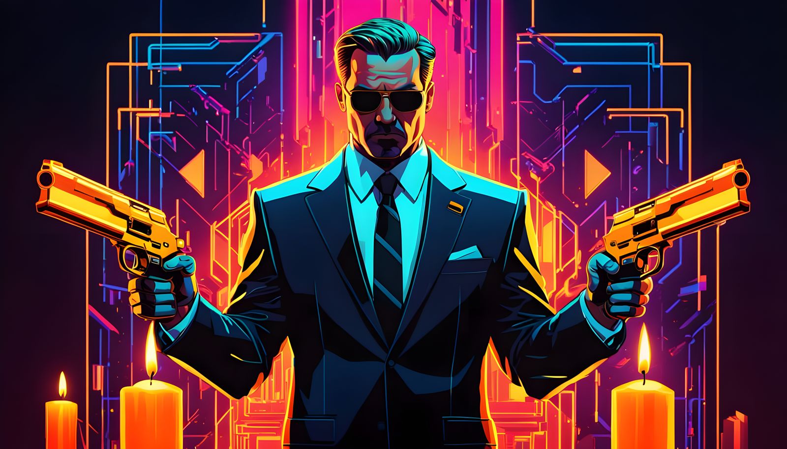 Cartoon Candle in Suit with Gun, Pop Art Style