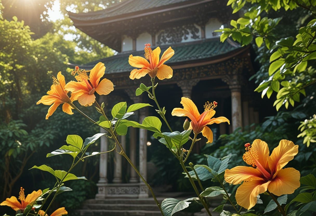 Abstract Saffron Hibiscus in Mystical Temple Garden