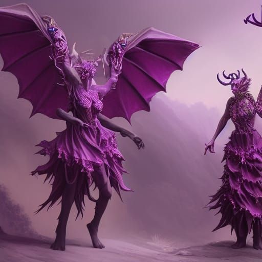 Purple Horned Demons Modeling Frilly Dresses