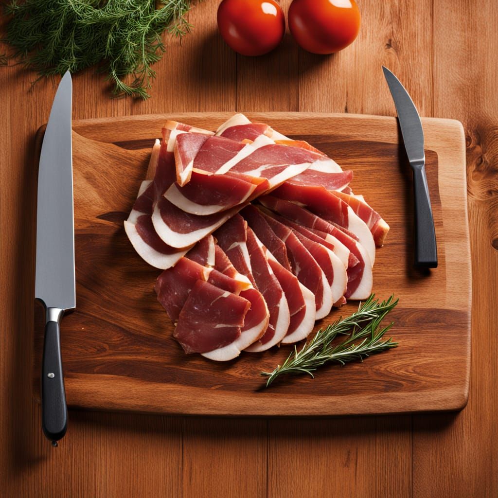 Sliced Jamon Ibérico on Wooden Cutting Board in Modern Minim...