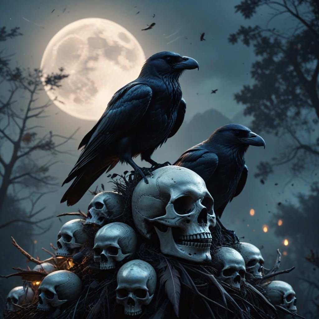 Surreal Macabre Scene with Black Crows and Glowing Moon