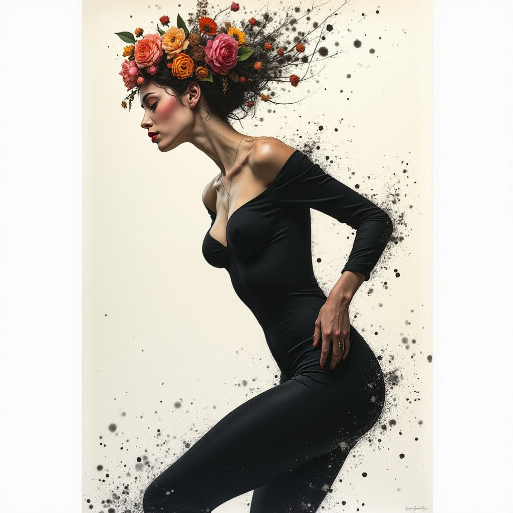 Dynamic Female Figure in Monotype Print Illustration