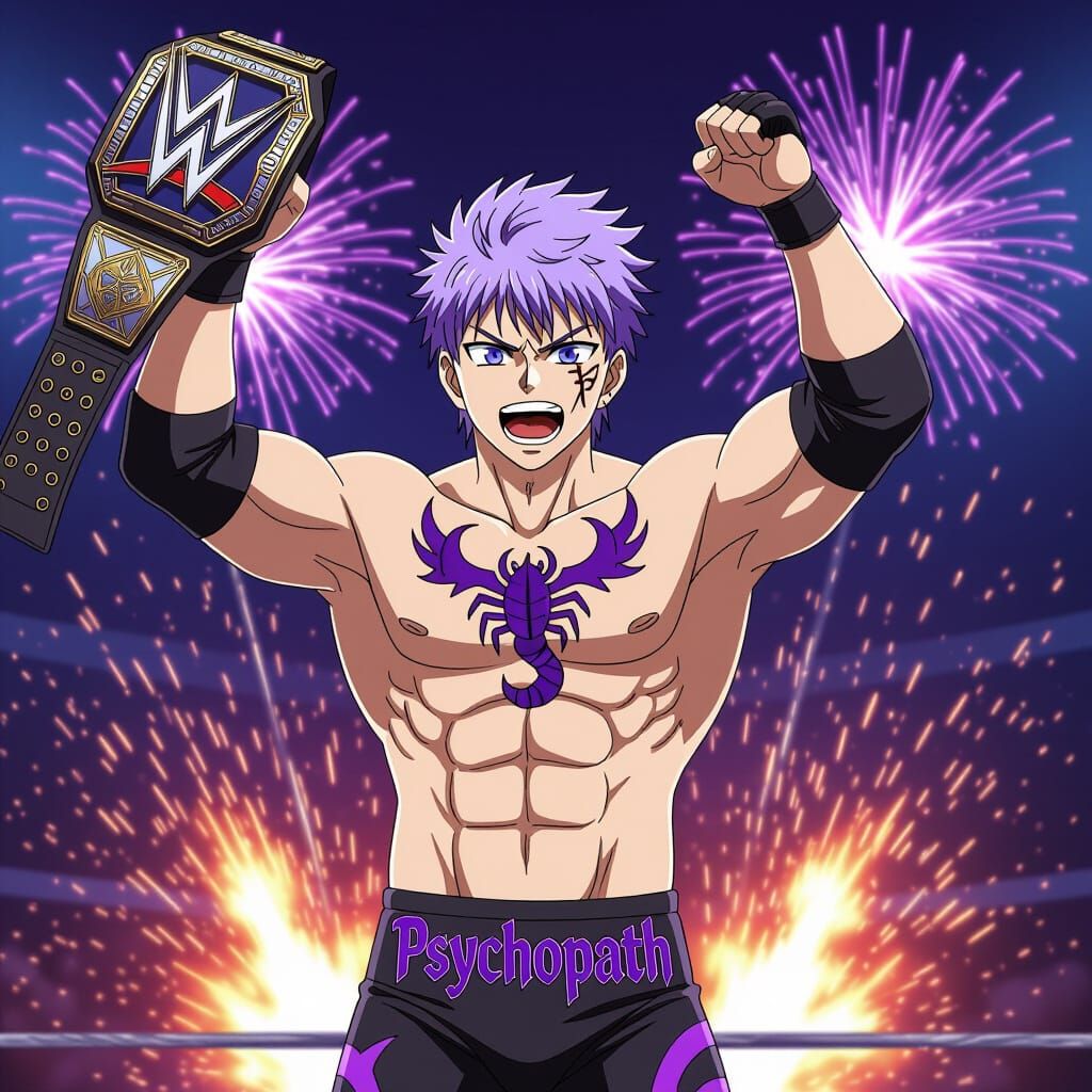 Anime Wrestler Holds Championship with Scorpion Tattoo