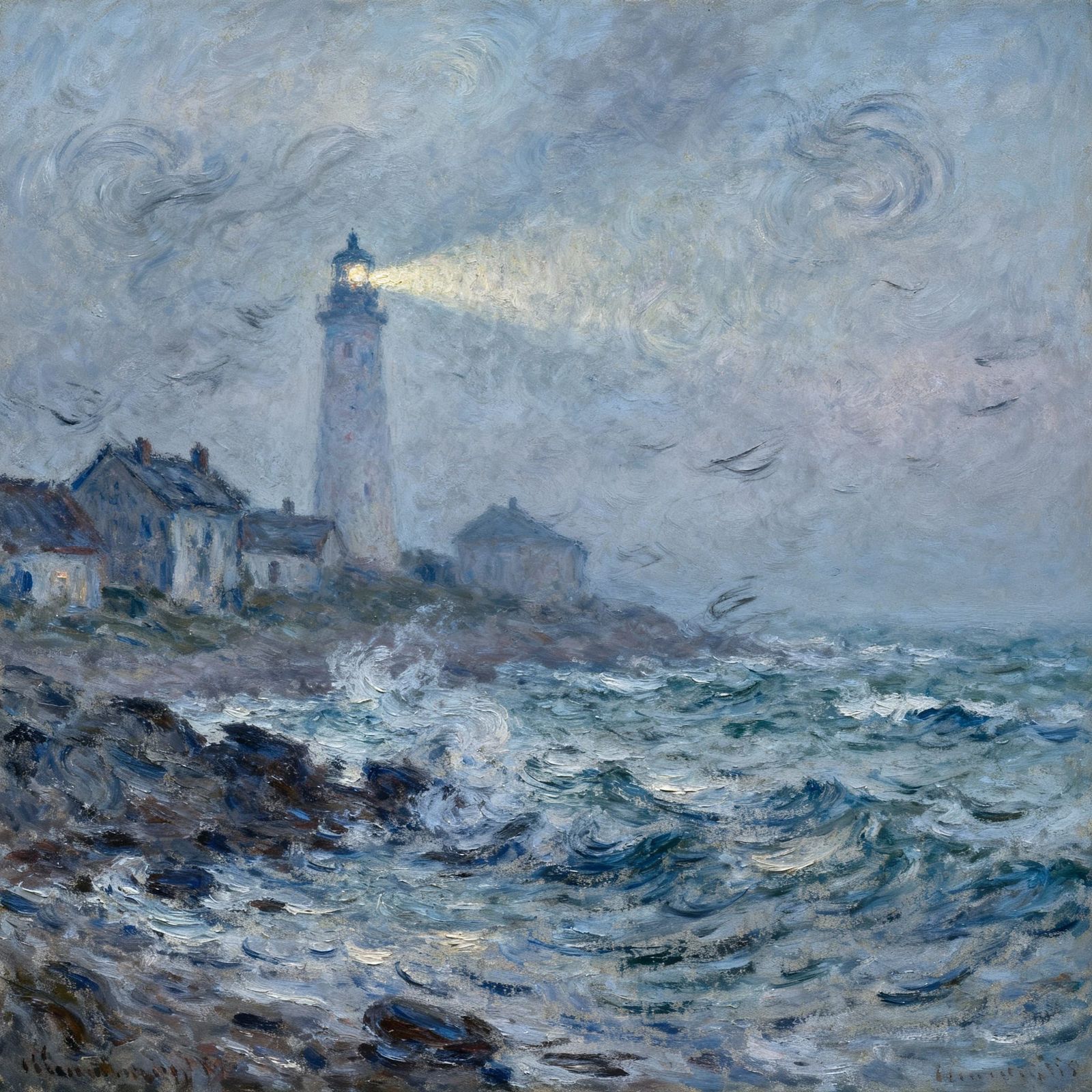 Impressionist Coastal Village at Dusk, Lighthouse in Fog