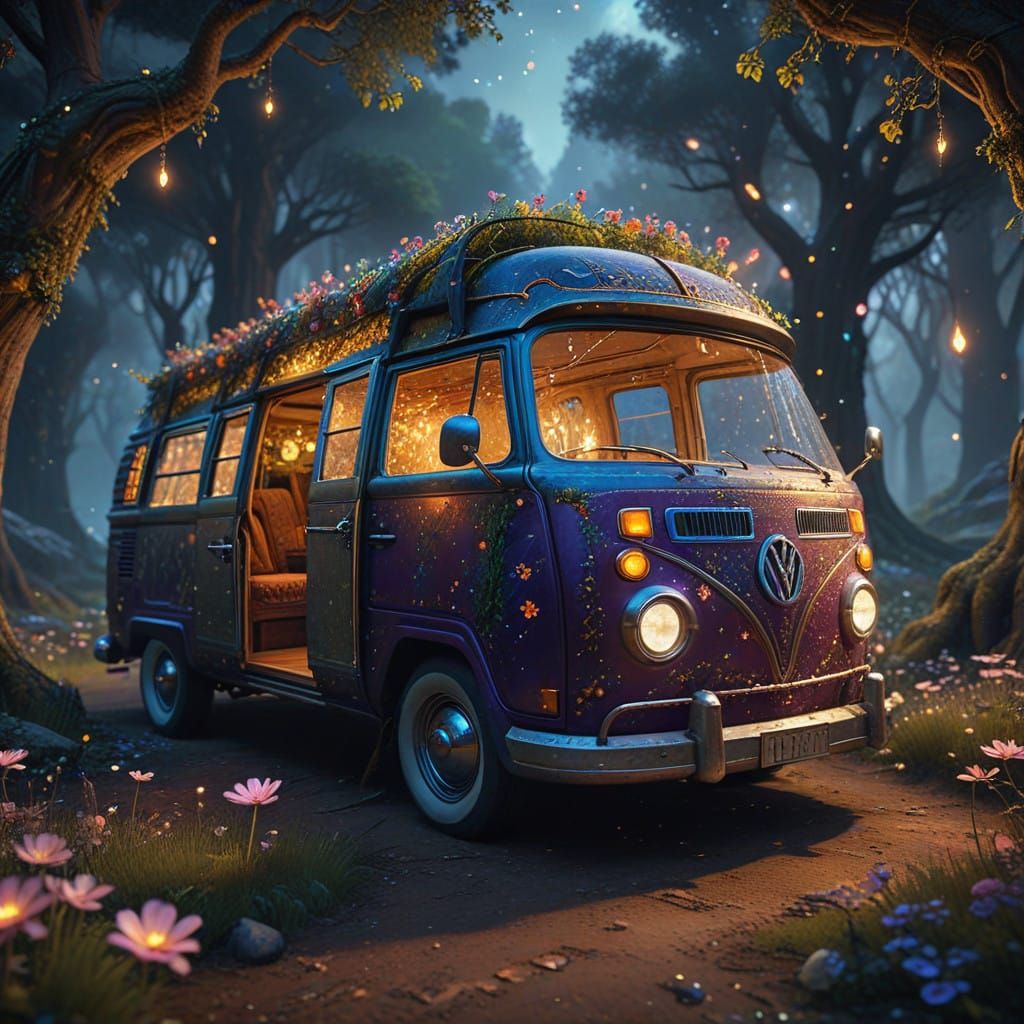 Whimsical Campervan Fairytale Scene in Cinematic Style