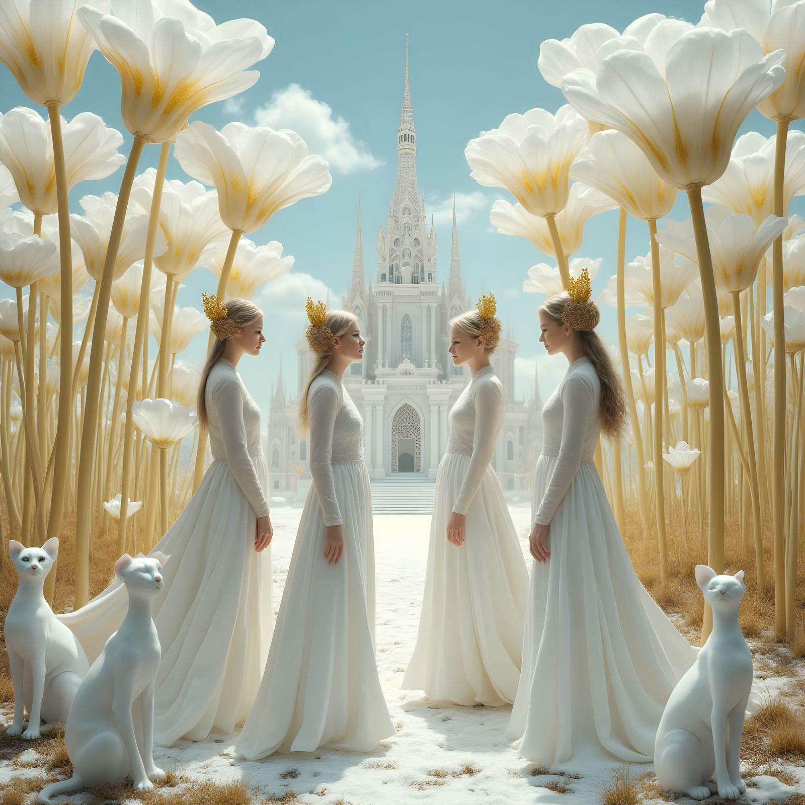 Ethereal Women in White Porcelain with Golden Adornments