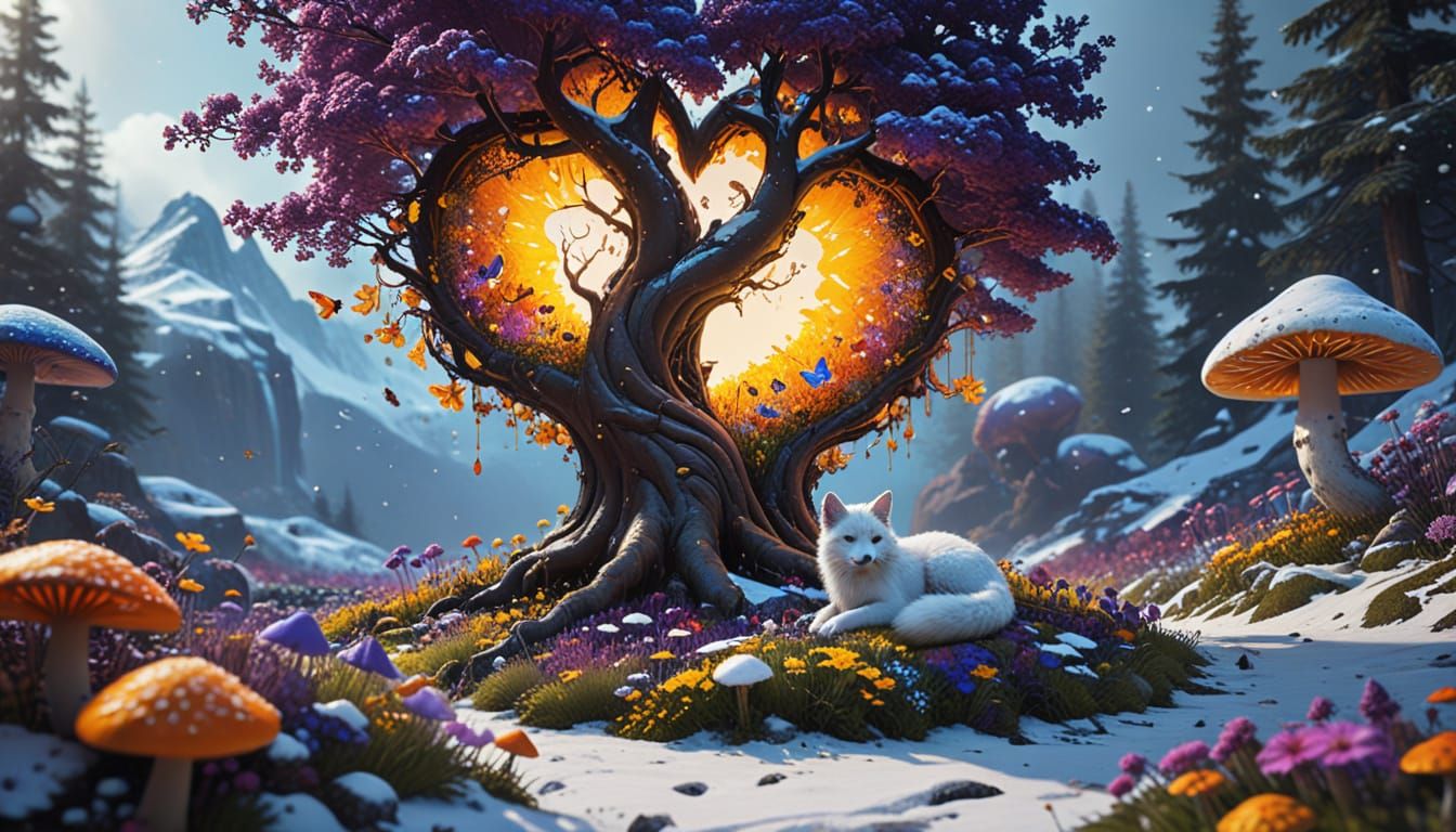 Whimsical Surrealist Scene: Sleeping Fox and Kitten under He...