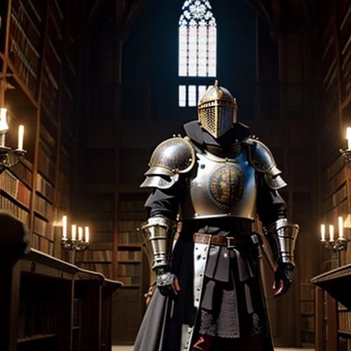 Steampunk Knight in a Medieval Castle Library