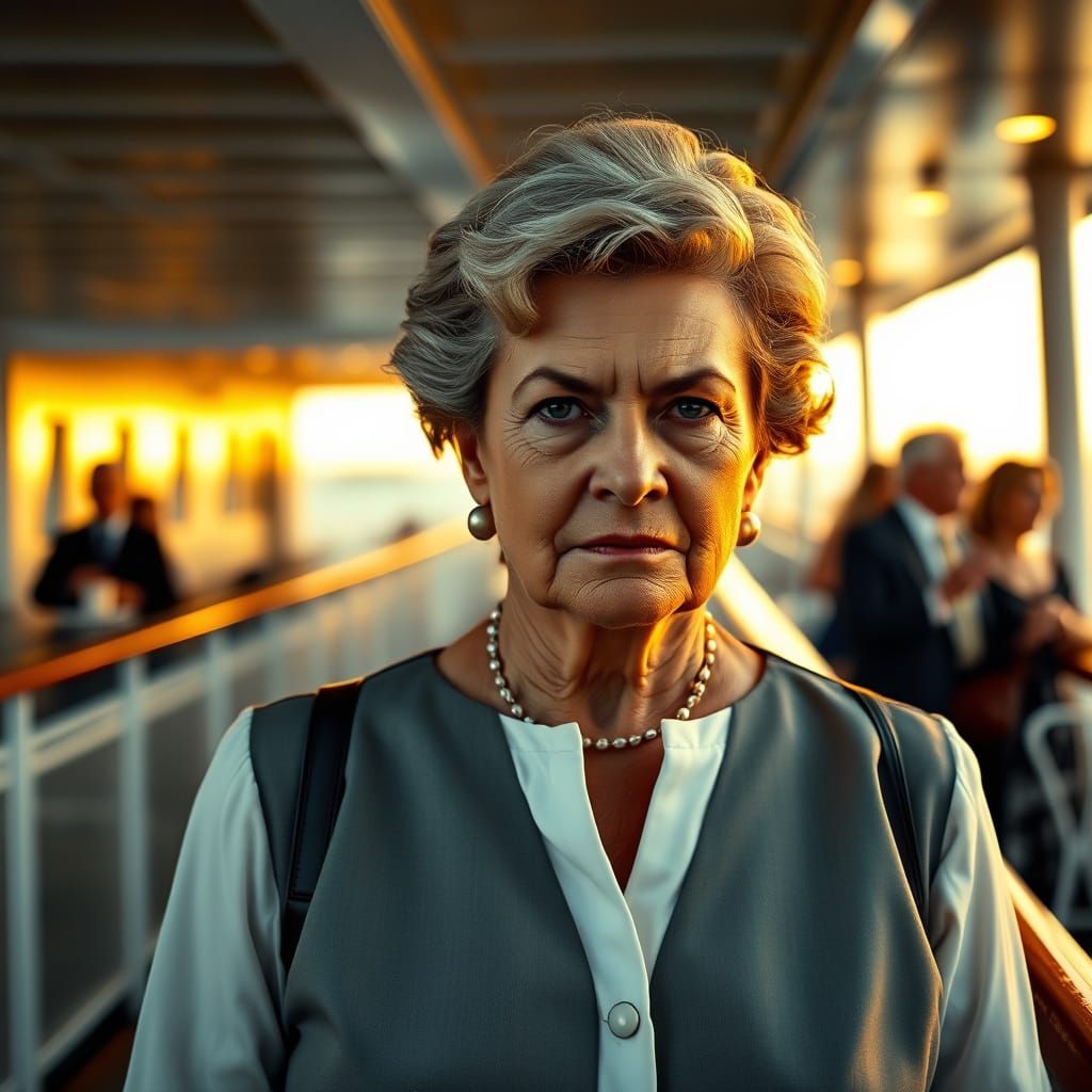 Elegant Woman on Luxury Cruise Ship at Sunset