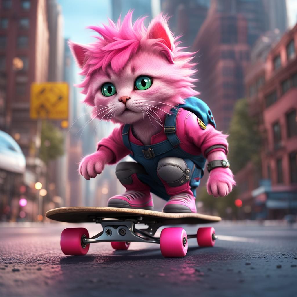 Pink Kitten on Skateboard in City: Detailed Digital Art