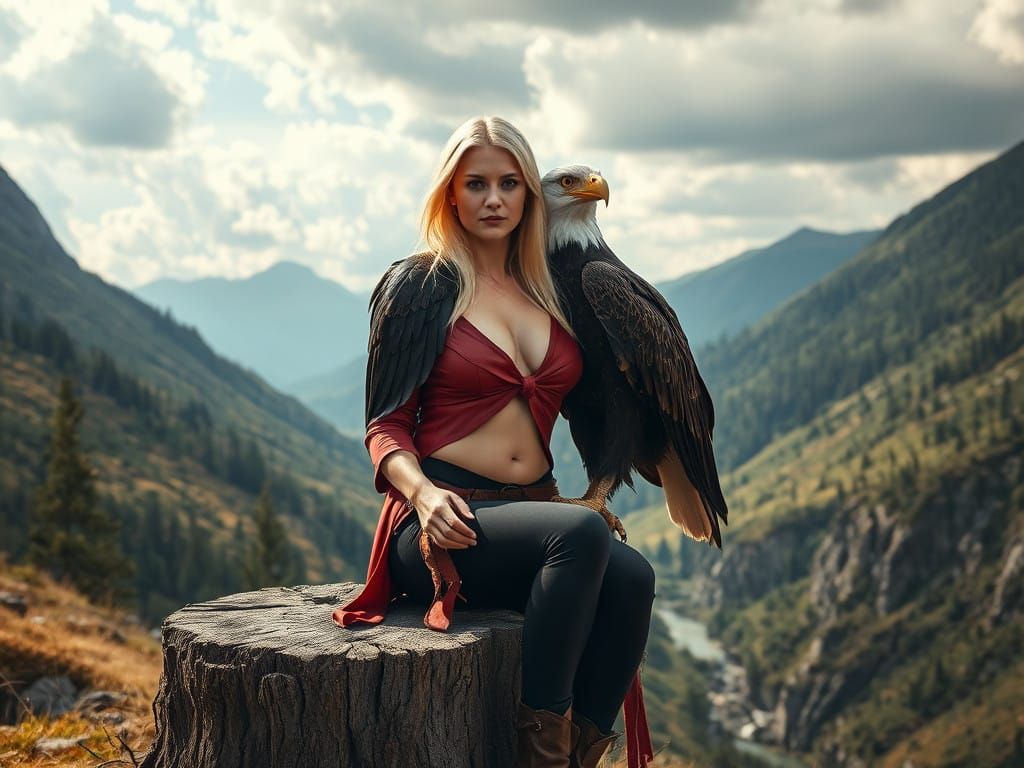 Elegant Woman Enchanted by a Majestic Sea-Eagle