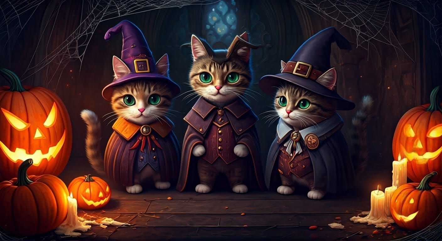 Chibi Cats Celebrate Halloween: Detailed Matte Painting
