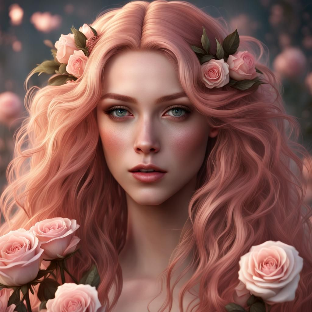 Rose Gold Haired Beauty with Roses, Detailed Matte Painting