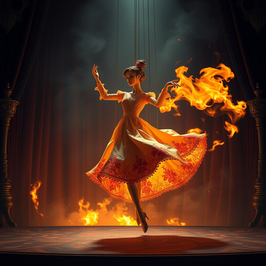 Elegant Marionette Dances in Flames: A Fantasy Art Piece