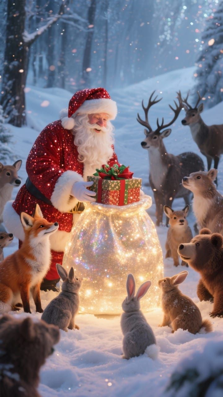 Santa Claus Gifts Woodland Animals in Snowy Wonderland