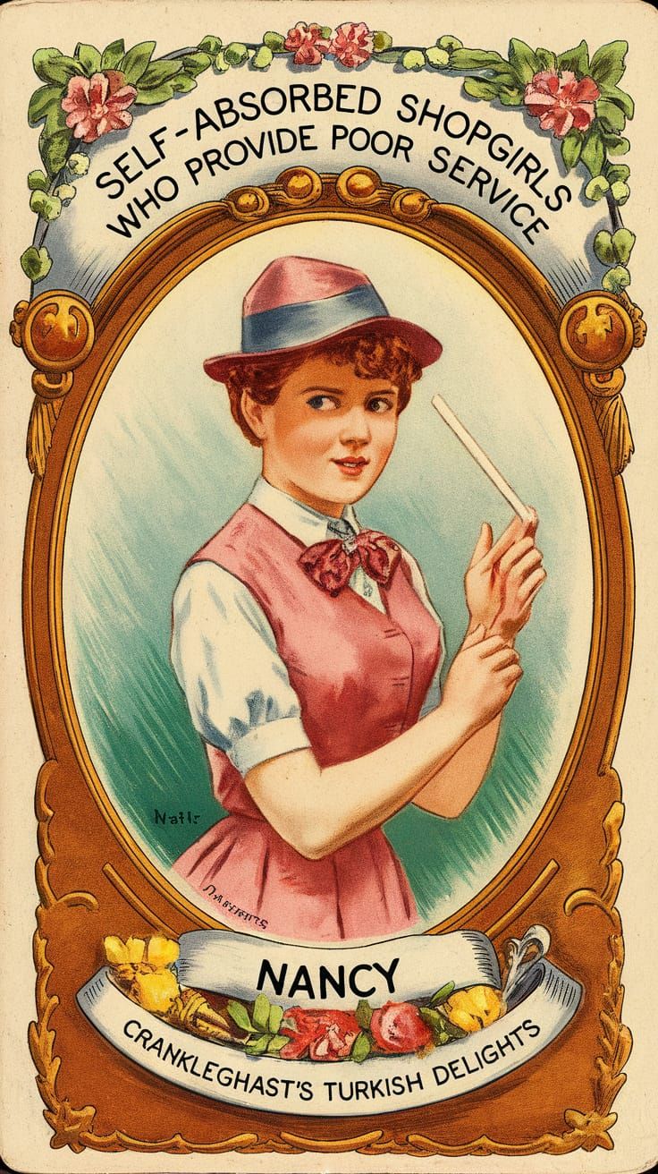 Vintage Cigarette Card: "Self-Absorbed Shopgirls who Provide...