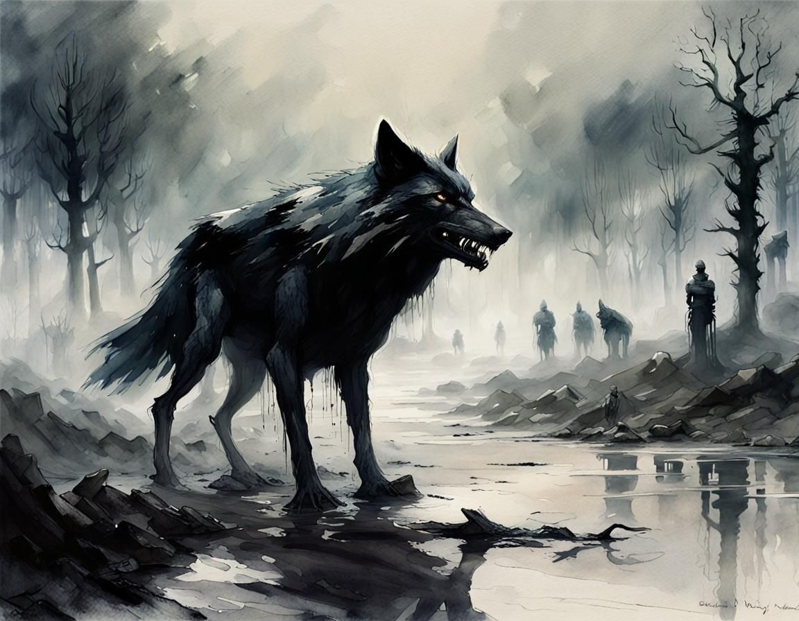 Ragnarök: Wolves and Ravens in Sinister Horror Scene