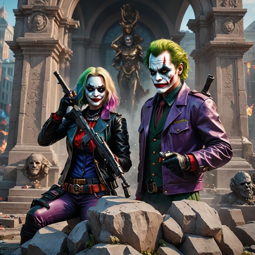 Joker Portrait with Harley Quinn Statue in Color Explosion
