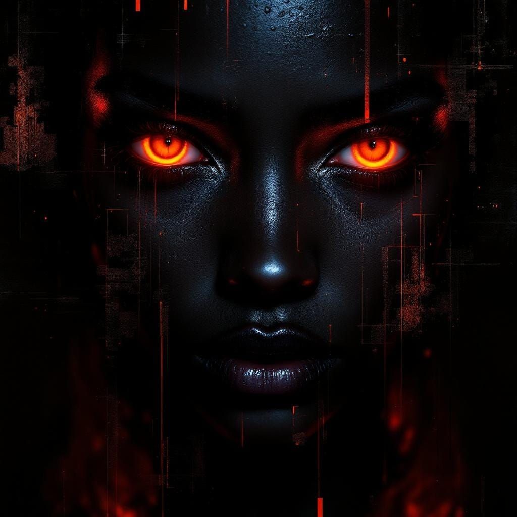 Intense Portrait with Glowing Eyes in Futuristic Style