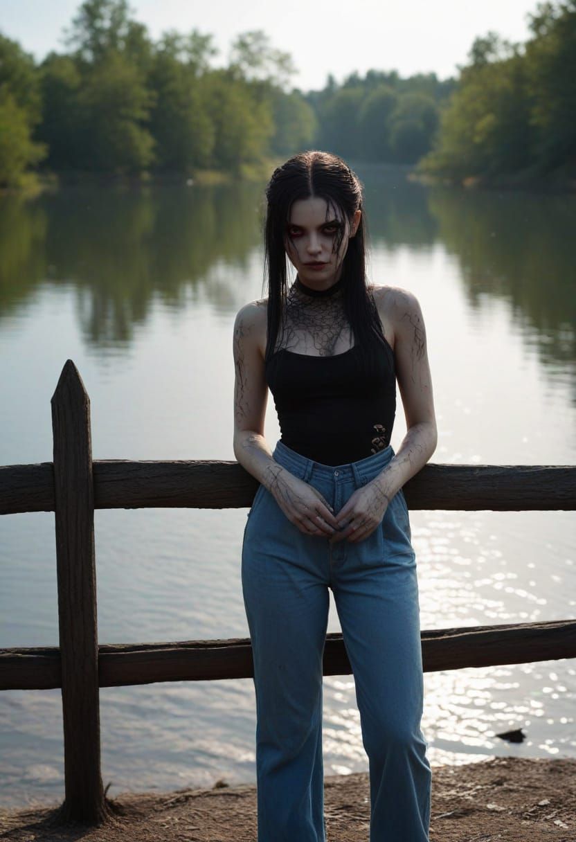 Demon Girl in Gothic Setting with Eerie Glow