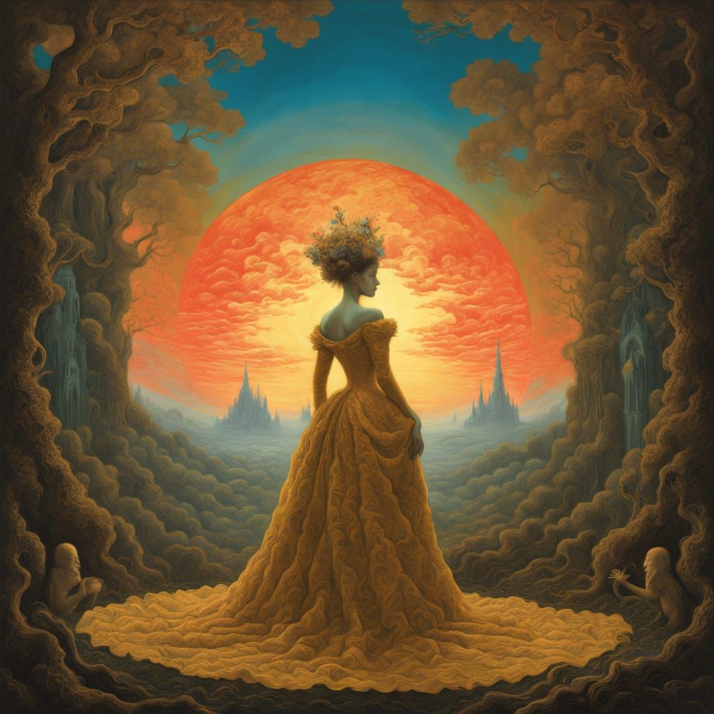 Regal Rococo Queen in Ethereal Sunset Realm