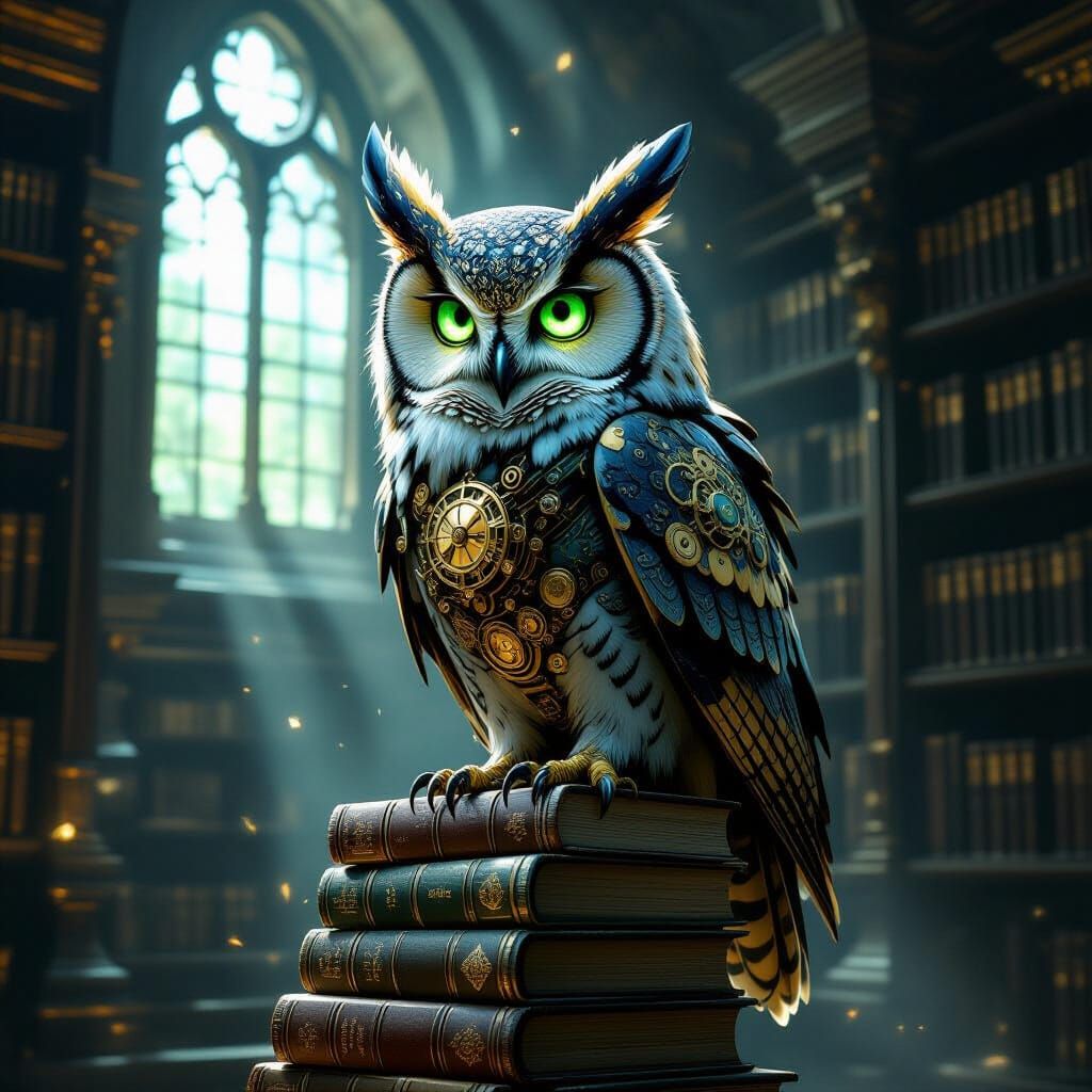 Steampunk Owl Librarian with Clockwork Gears