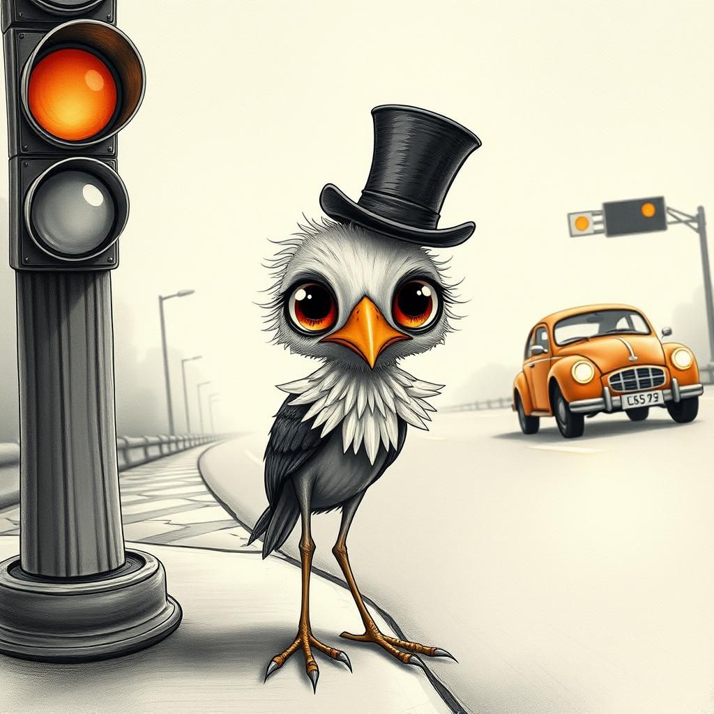 Startled Bird in Top Hat: Whimsical Pencil Drawing