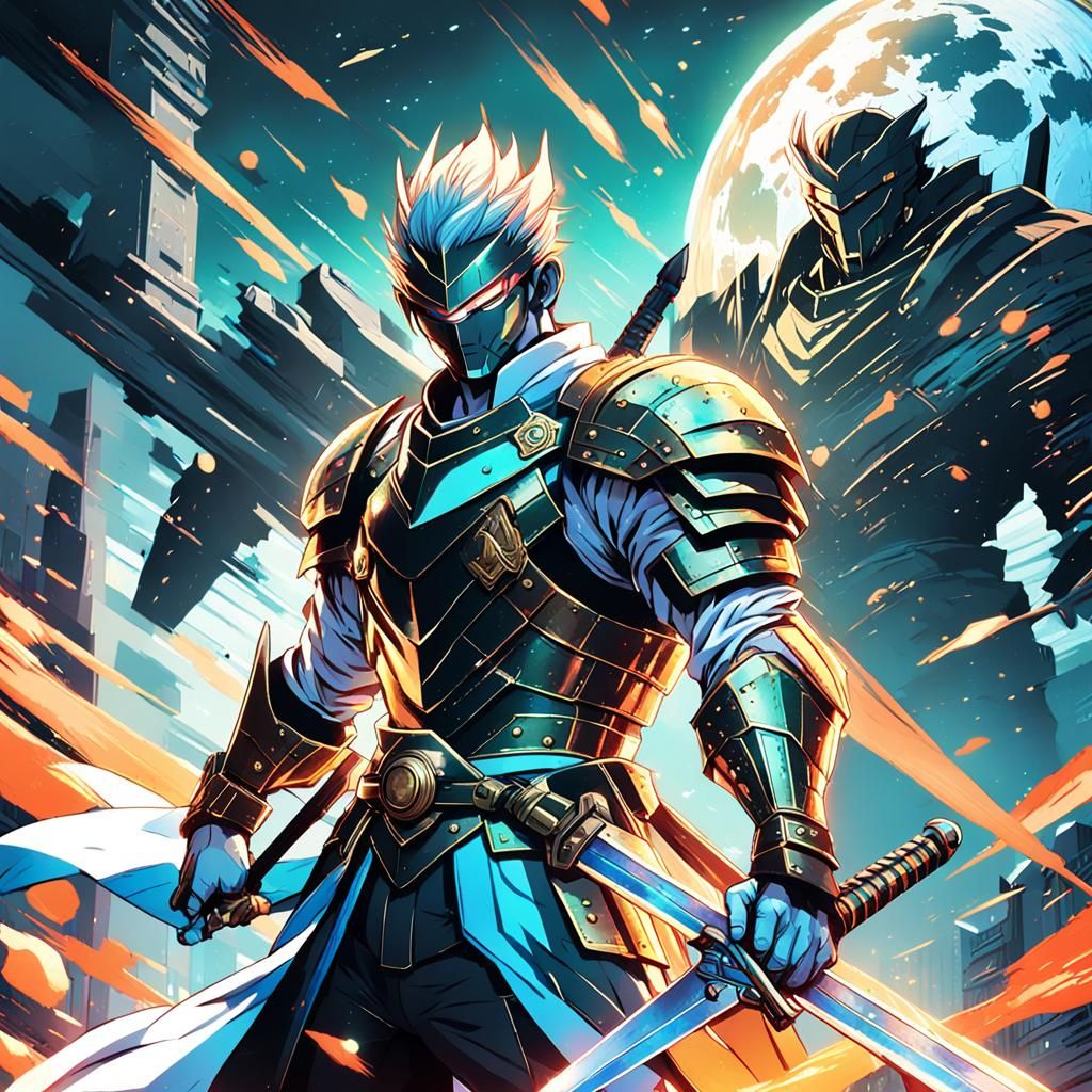 Armored Warrior with Sword in Sci-Fi Manga Style