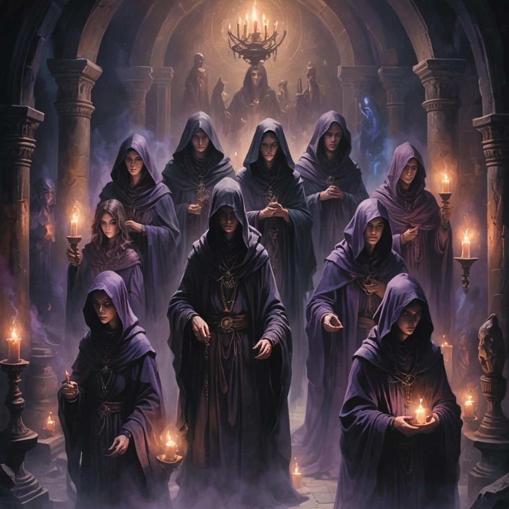 Mystical Group in Dim Chamber: Dark Fantasy Illustration