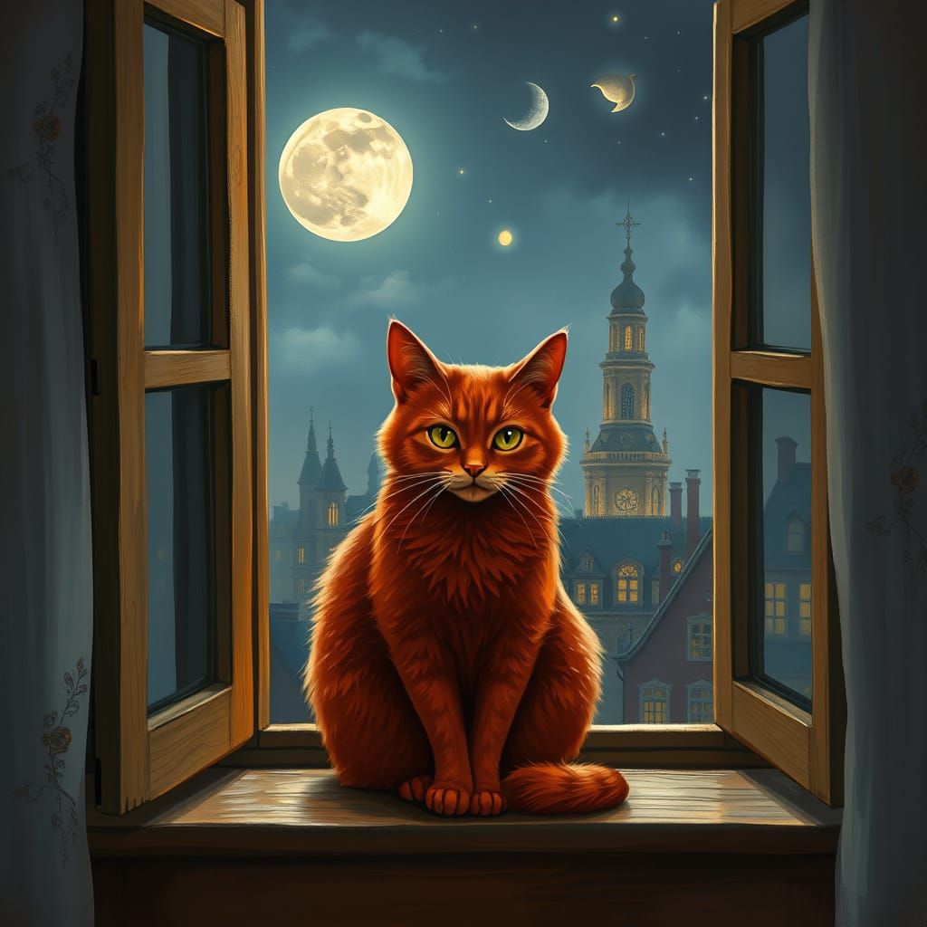 Regal Red Cat on Moonlit Sill, Vintage Cityscape