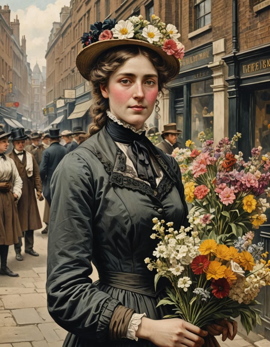 Victorian Woman Selling Flowers in London Portrait