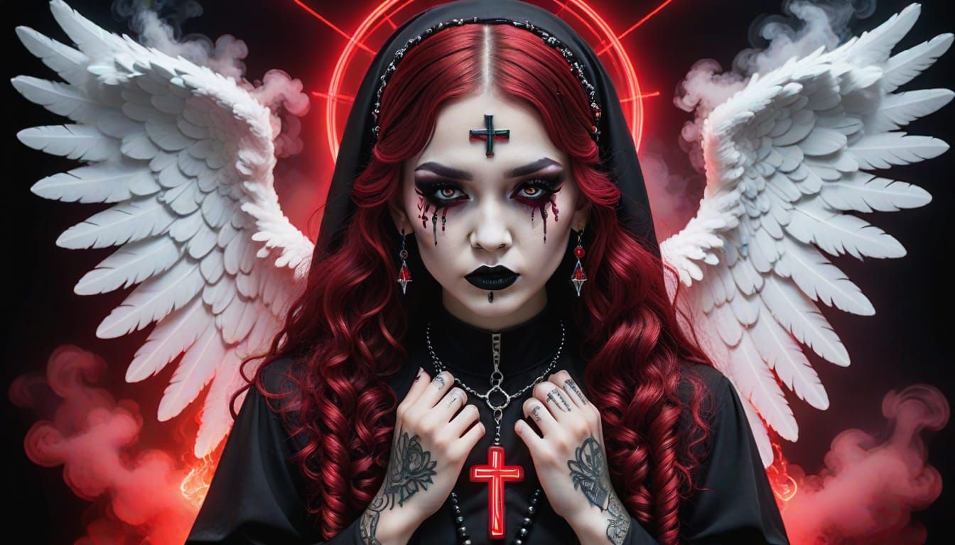 Gothic Nun Angel with Neon Halo