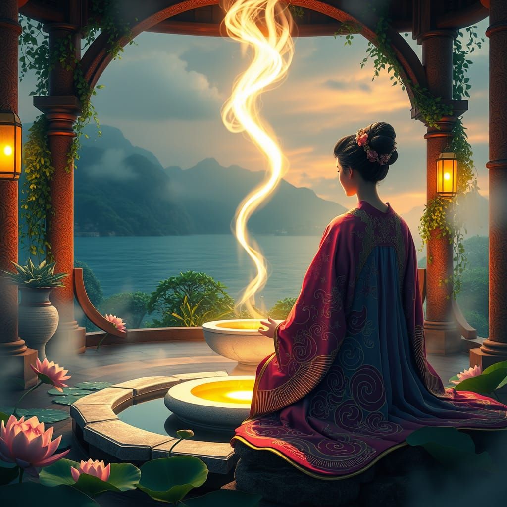 Ethereal Japanese Woman Meditating in Ancient Temple