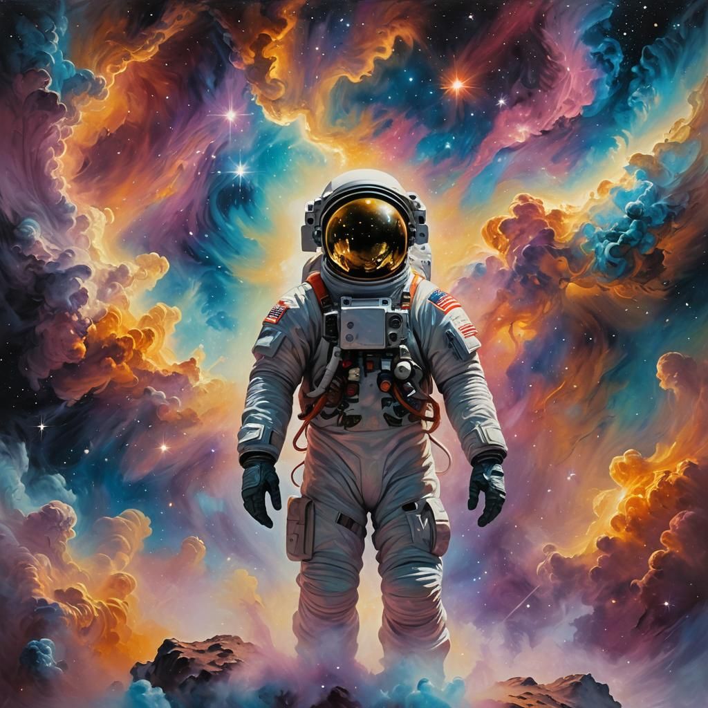 Astronaut at Nebula in Ethereal Oil Painting