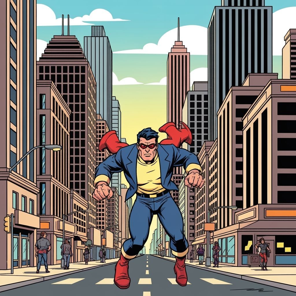 Superhero Soaring Through Cityscape in Comic Book Style