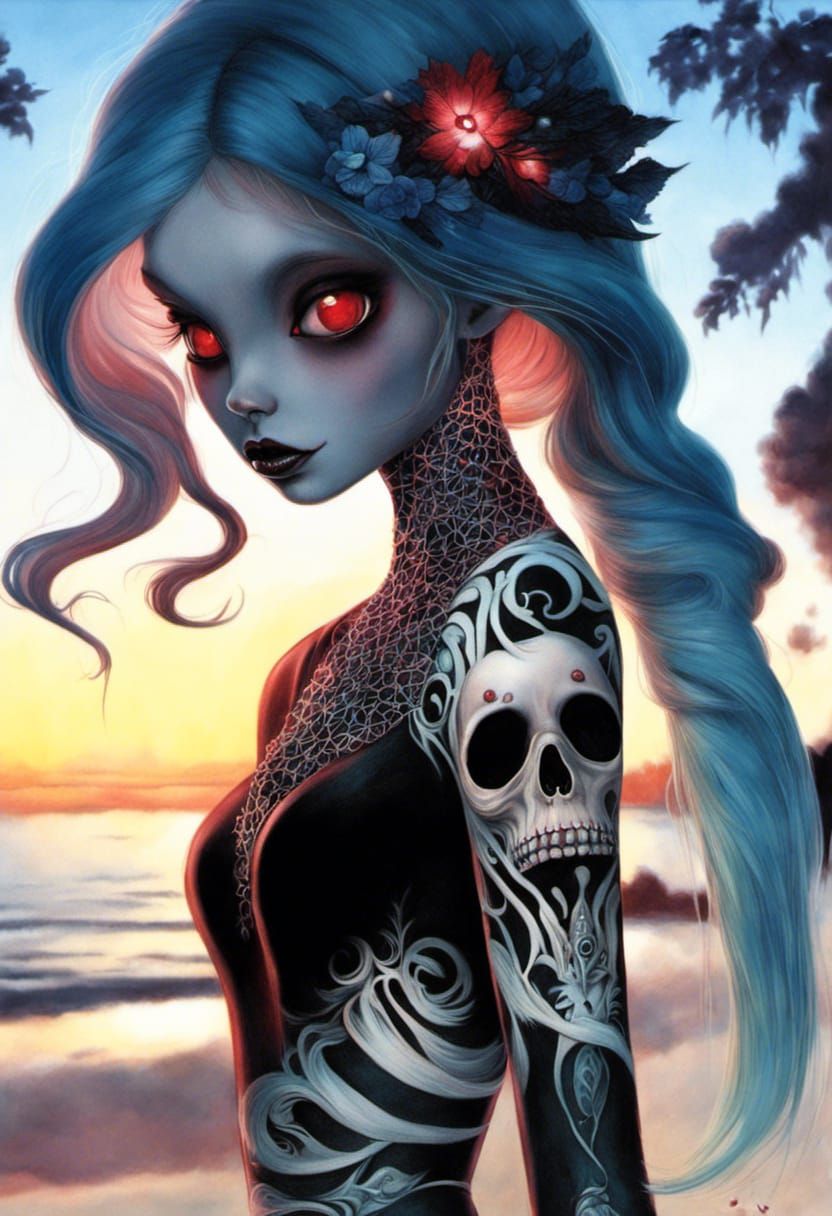 Magical Alien Girl with Skull Tattoo