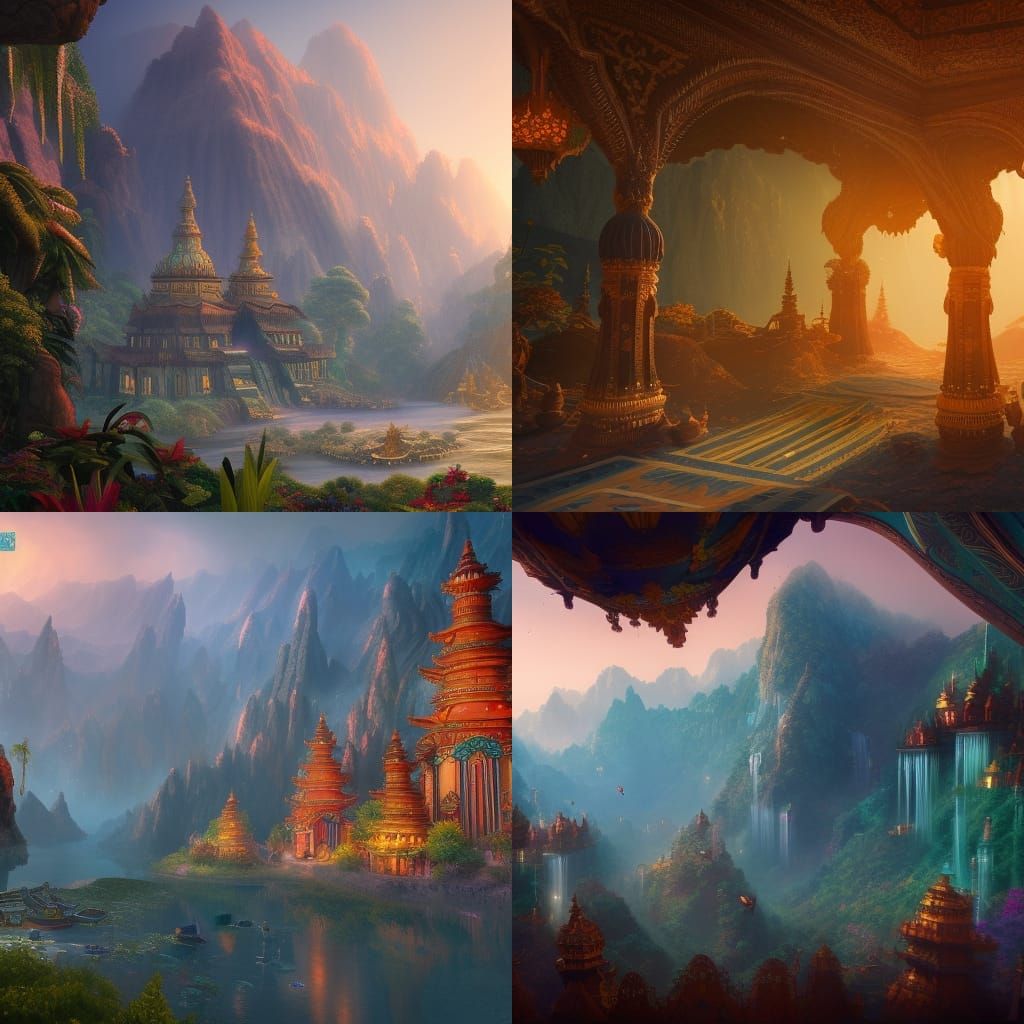 Fantastical Shangri La Matte Painting in Deep Color