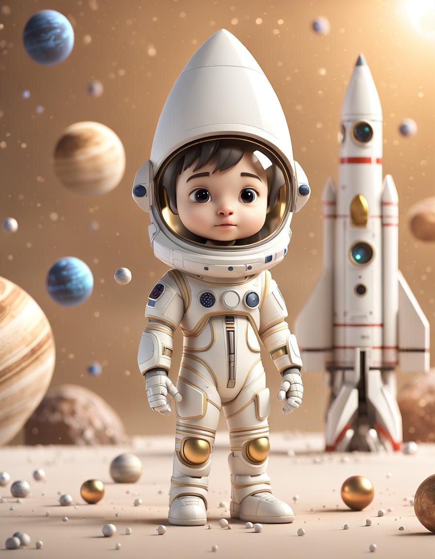 Chibi Astronaut and Rocket in Space: 3D Render