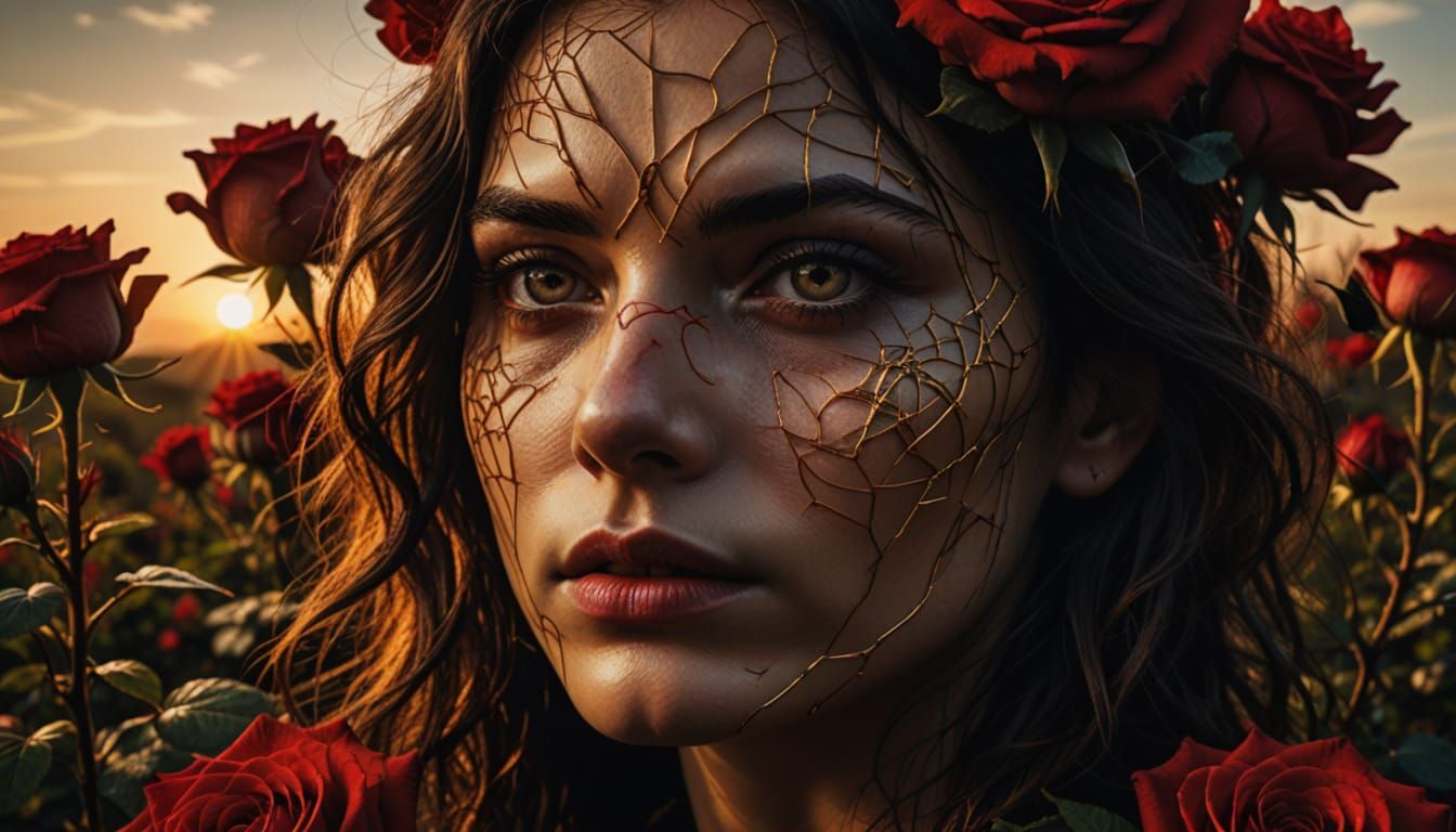 Surreal Portrait of a Face in Warm Golden Light and Dark Sha...